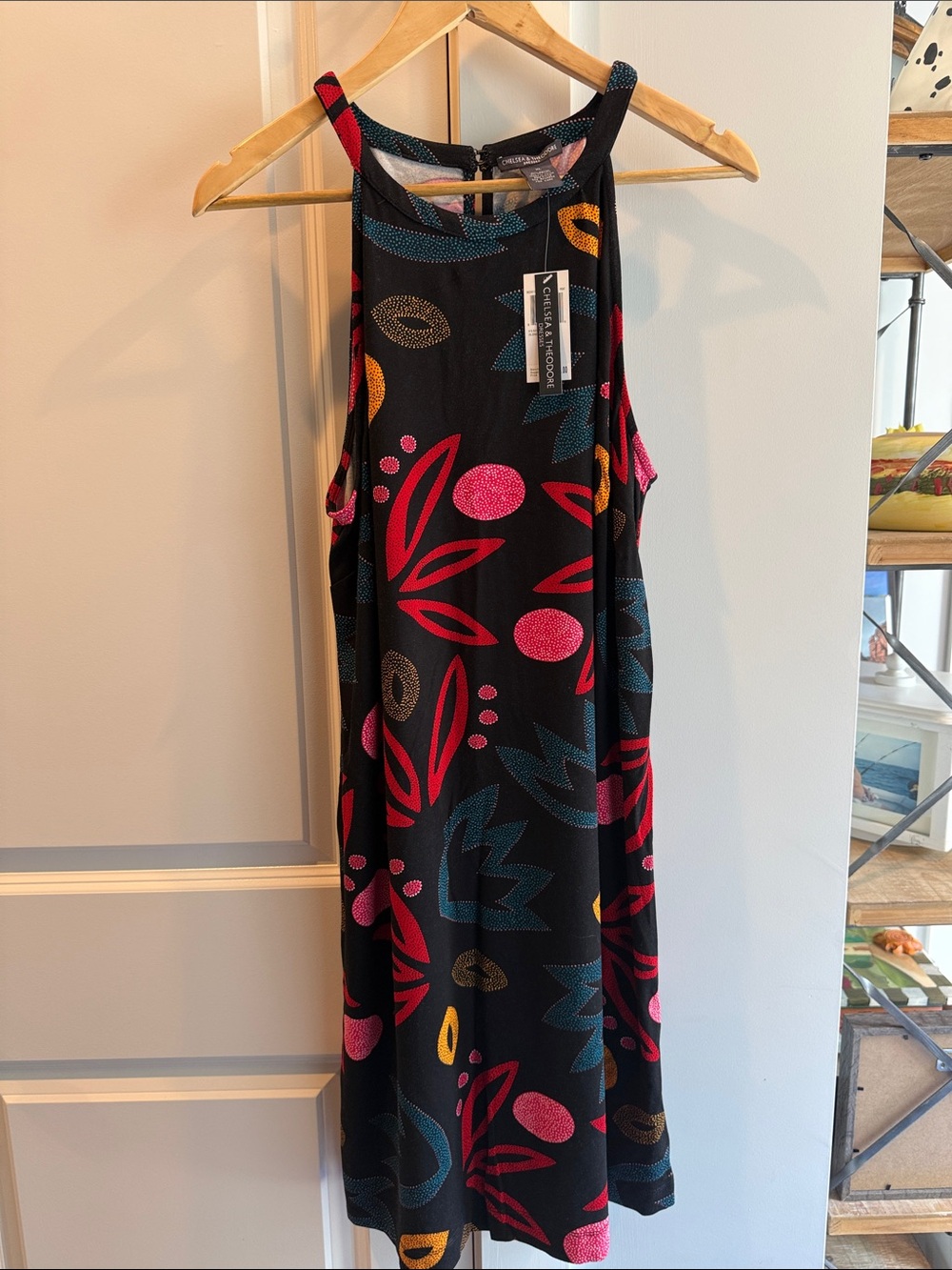 Chelsea & Theodore Black Midi Dress with Pink, Teal & Gold Print